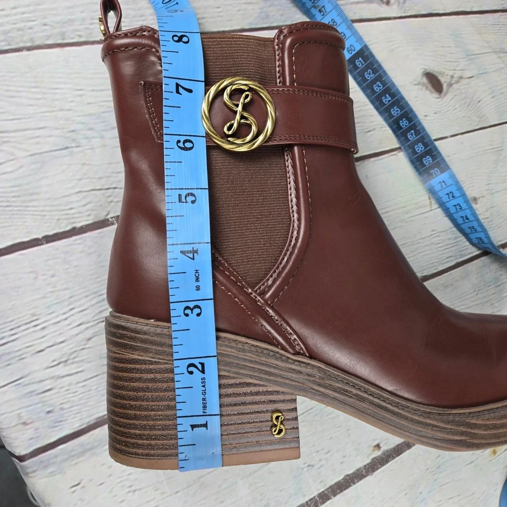 Sam & Libby Natalia Brown Faux Leather Buckle Stacked Heel Ankle Boots 9.5M